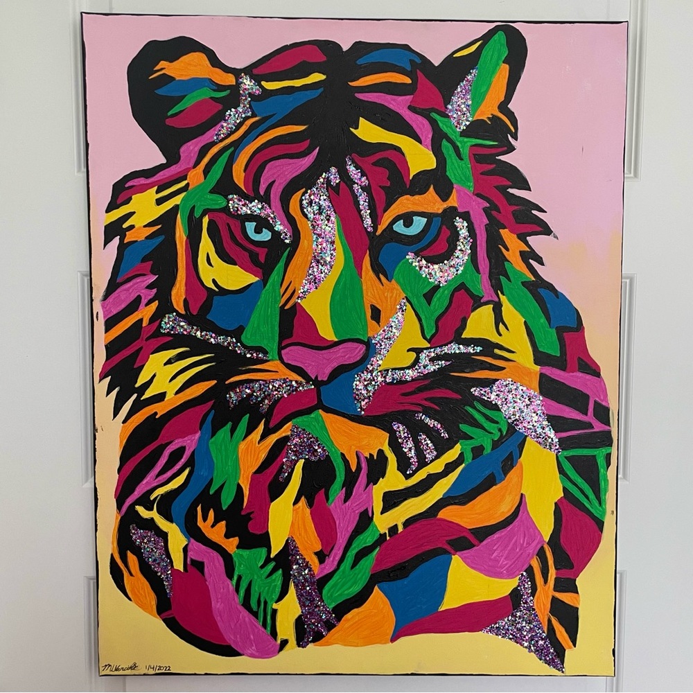 🎉🌈 ORIGINAL ACRYLIC PAINTING 24”x30”Rainbow Glitter Tiger w Sunset Background